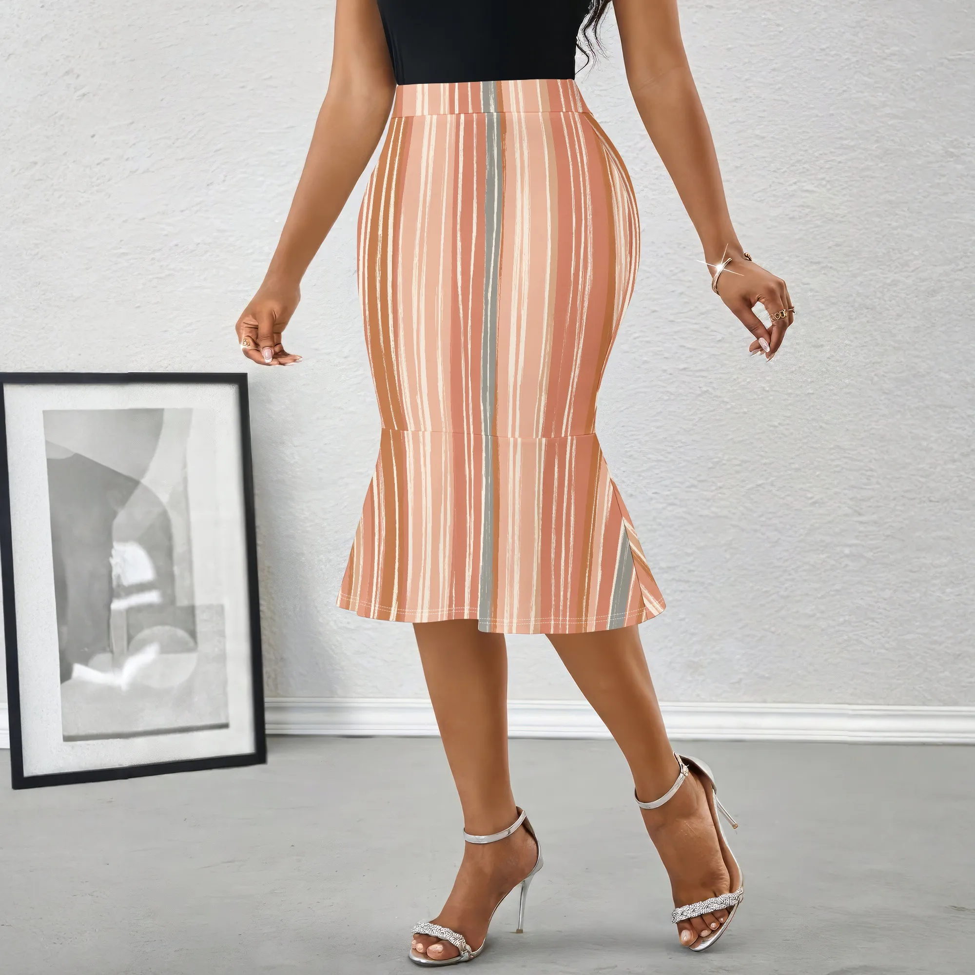 Striped Midi Skirt, Peach & Grey Vertical Print, High Waist Mermaid Hem, Elegant Office Wear, Casual Party Outfit, S-2XL