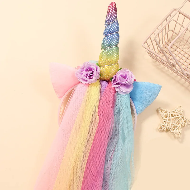 1 mesh rainbow Unicorn headband Princess Gradient Flow Sue Lace female headband Flower headband veil headband