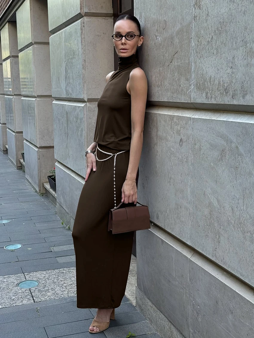 Marthaqiqi Knitted Women Nightwear Suit Turtleneck Pajama Backless Sleepwear Sleeveless Nightie Long Skirts Casual Nightgown Set