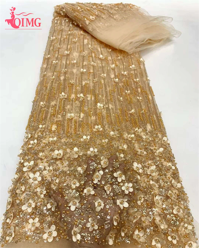 OIMG 2024 Hot Sale 3D French Beads Tulle Lace Luxury African Nigerian Sequins Lace Fabric For Wedding Party Dress