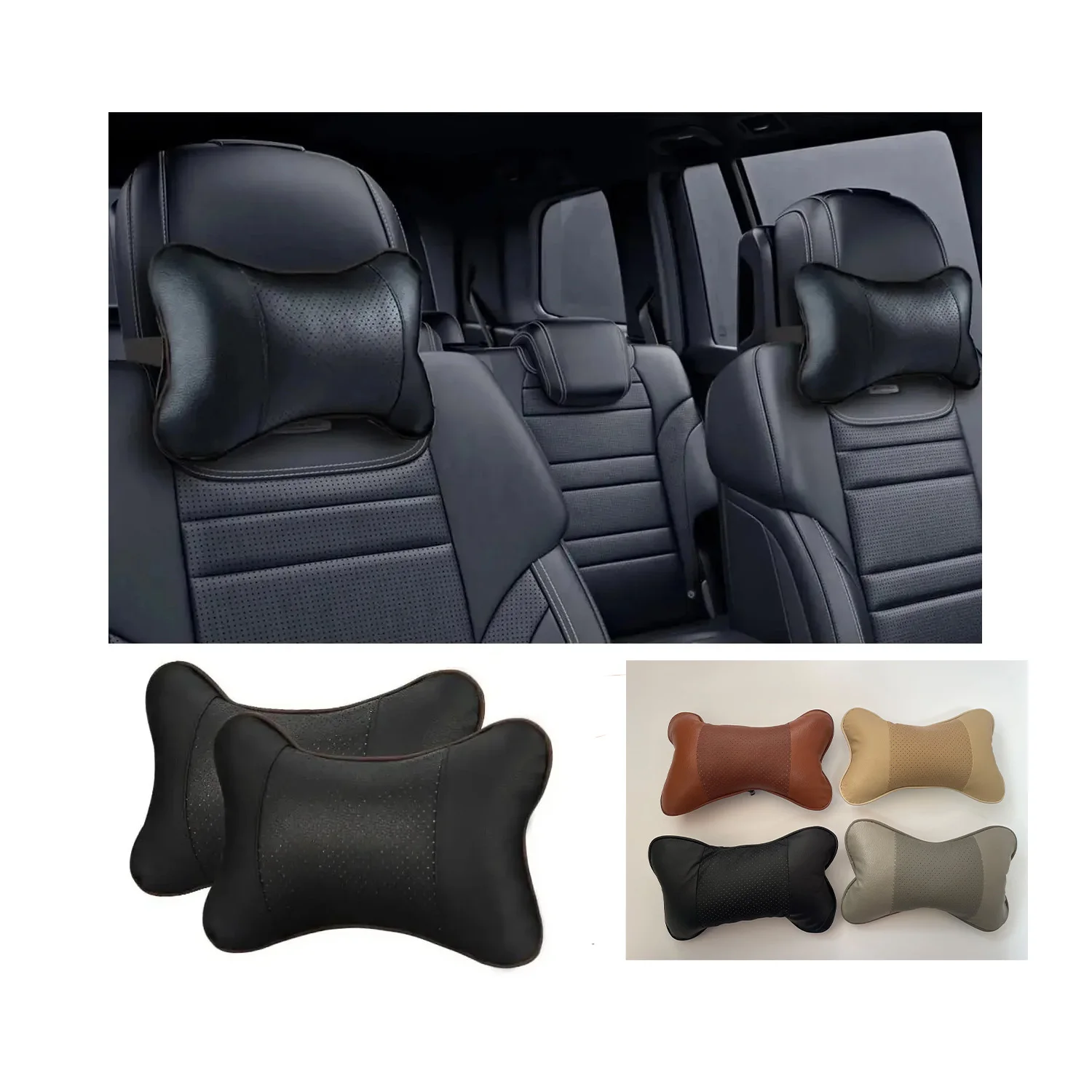 Car Neck Pillows Both Side Pu Leather 2pcs Pack Headrest For Head Pain Relief Filled Fiber Universal Car Pillow