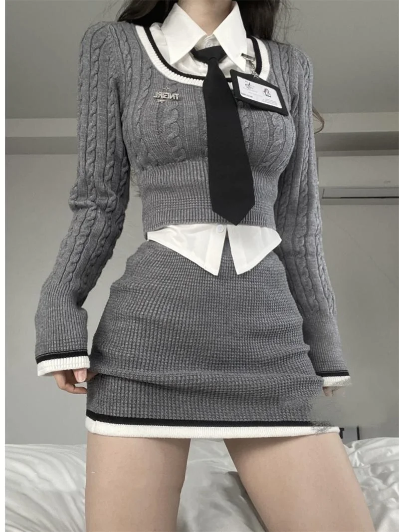 Korean Style Fashion 3 Piece Set Women Knitted Kawaii Sweet Mini Skirt Suit Female Long Sleeve Vintage Sexy Clothing 2024 Autumn