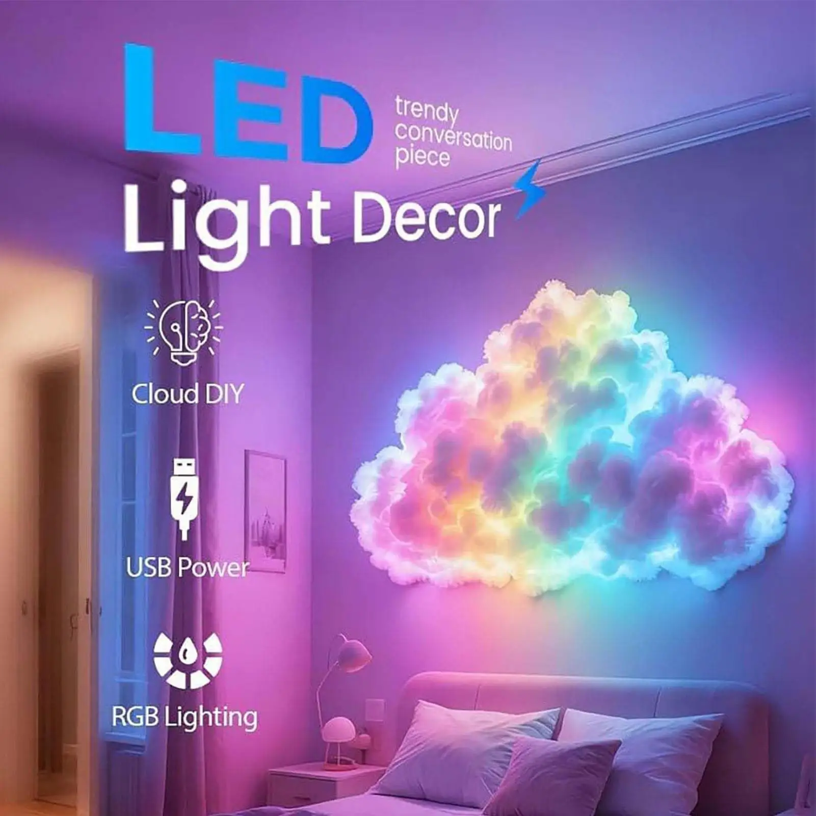 3D Thundercloud LED Light 3D Thundercloud USB Lamp Set Dynamic Lighting Decoration for Desktop Ceiling Bedroom Living Room