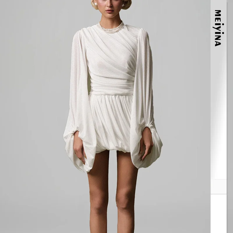 

Новое модное женское повседневное плиссированное платье-рубашка однотонного цвета с длинными рукавами-фонариками, элегантное, 2026