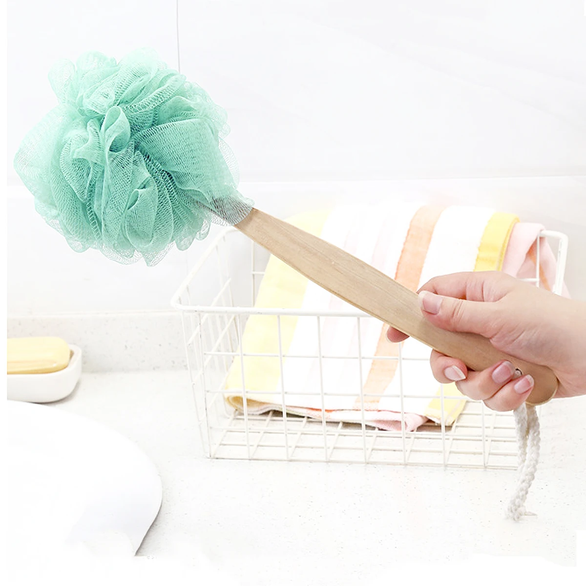 

3pcs Long Handle Bath Balls Nylon Bath Flower Ergonomic Shower Back Scrubber Soft Bristle Eco Friendly Portable Blue