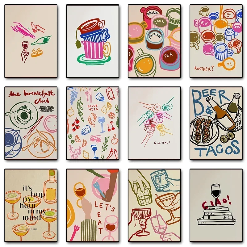 Canvas Painting Coffee Beer And Tacos Breakfast Club Cheers Cocktail Mugs Poster Print Wall Art Pictures Room Home Decor Gift