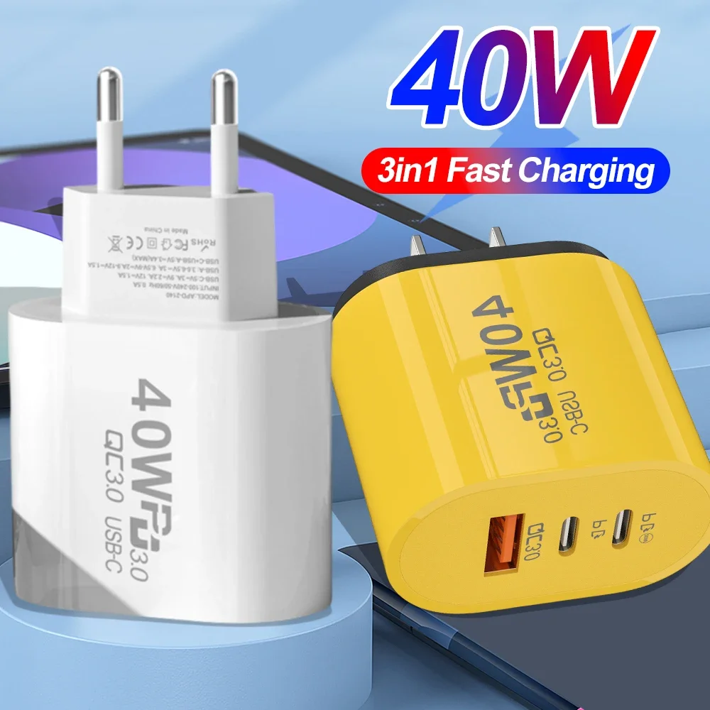 Ładowarka USB typu C o mocy 40 W Podwójny adapter szybkiego ładowania PD Wtyczka UE/USA Do iPhone Samsung Xiaomi Huawei Ładowarka do telefonu Quick