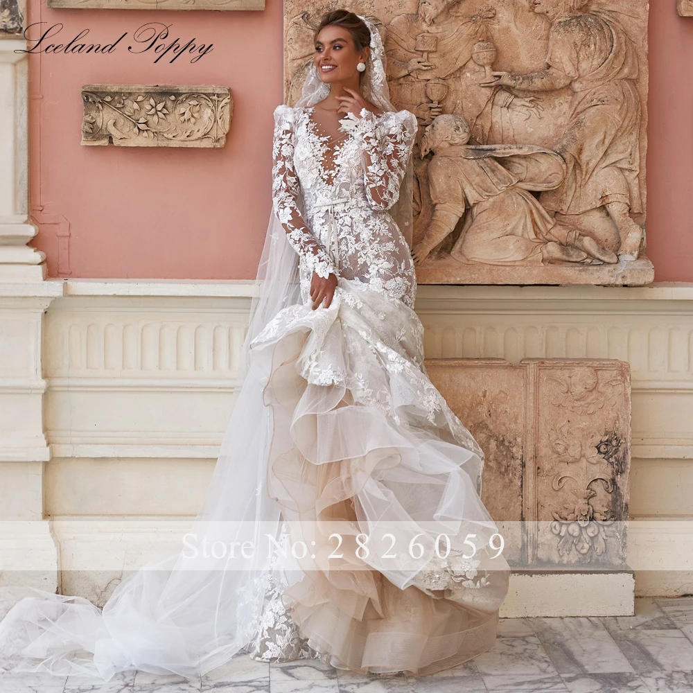 Lceland Poppy Customized See Through Lace Mermaid Wedding Dresses Full Sleeves Beaded Bridal Gowns with Court Train