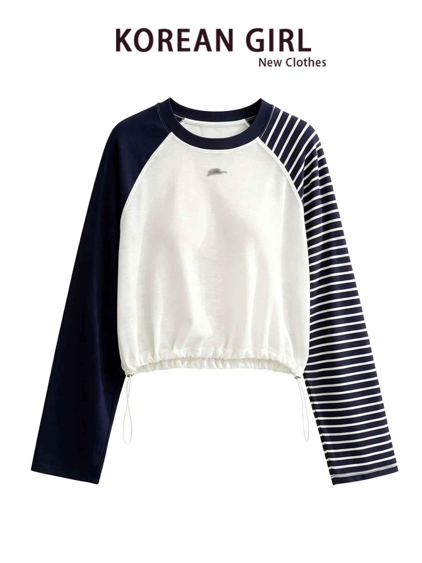 Korean Style Color Block Long Sleeve T-Shirt Women's Summer Sun Protection Drawstring Cover up Short Crop Top Casual Wear