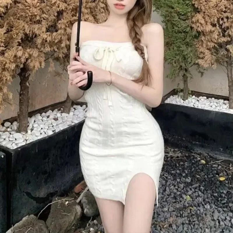 ملابس نسائية على الموضة الكورية لعام 2025 فستان بحمالات محبوك جديد ربيعي مثير فستان قصير للفتيات حار Y2k فساتين ضيقة