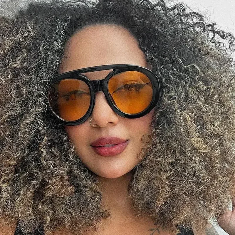 

Retro Double Bridge Large Round Sunglasses Women Fashion Oversized Sun Glasses Female Brand Designer Black Yellow Goggle Shades