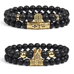 8mm Charm Beads Bracelet For Men Women Black Matte Onyx Natural Stone 2 Pcs Crown King Bracelets Set Gold Color Cubic Zirconia