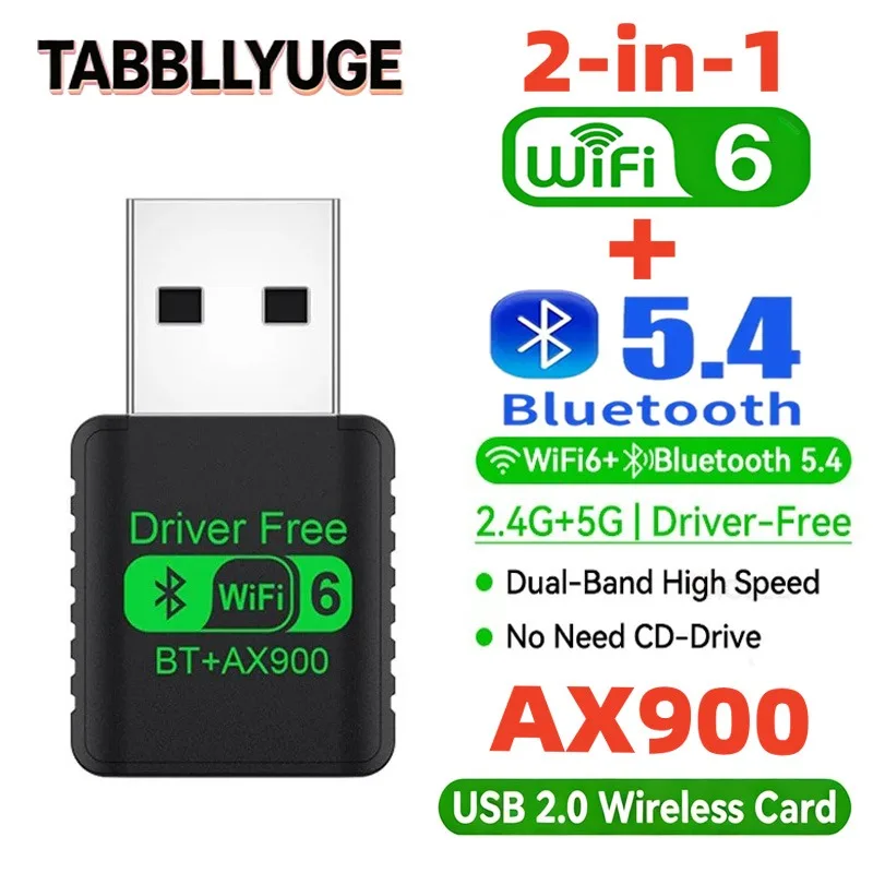 Mini USB Dongle Wifi 6 Network Card BT 5.4 Adapter Receiver 2-in-1 Dongle AX900 Suitable for Laptop PC Dual Band 2.4G/5GHz