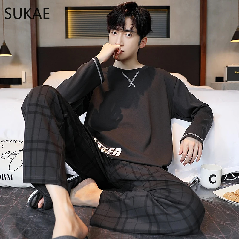 SUKAE Navy Pajamas for Man L-3XL Men Pajamas Autumn Winter Faux Cotton Pajama Sets Long Sleeves Pijamas Gentleman Sleepwear