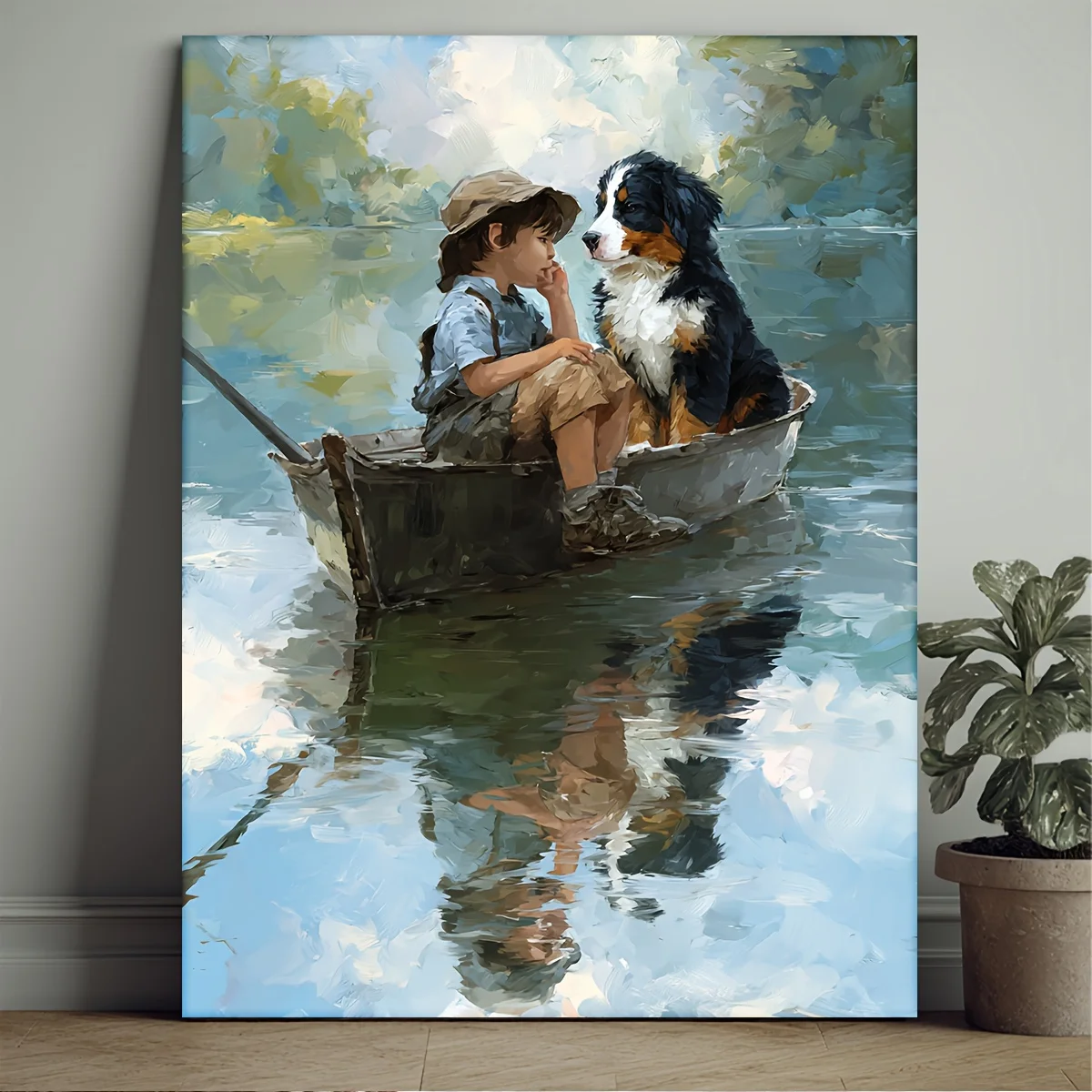 1pc Vintage Boys & Bernese Mountain Dog on Boat Oil Painting - Framed Canvas Wall Art Poster - Nursery, Living Room, Office D