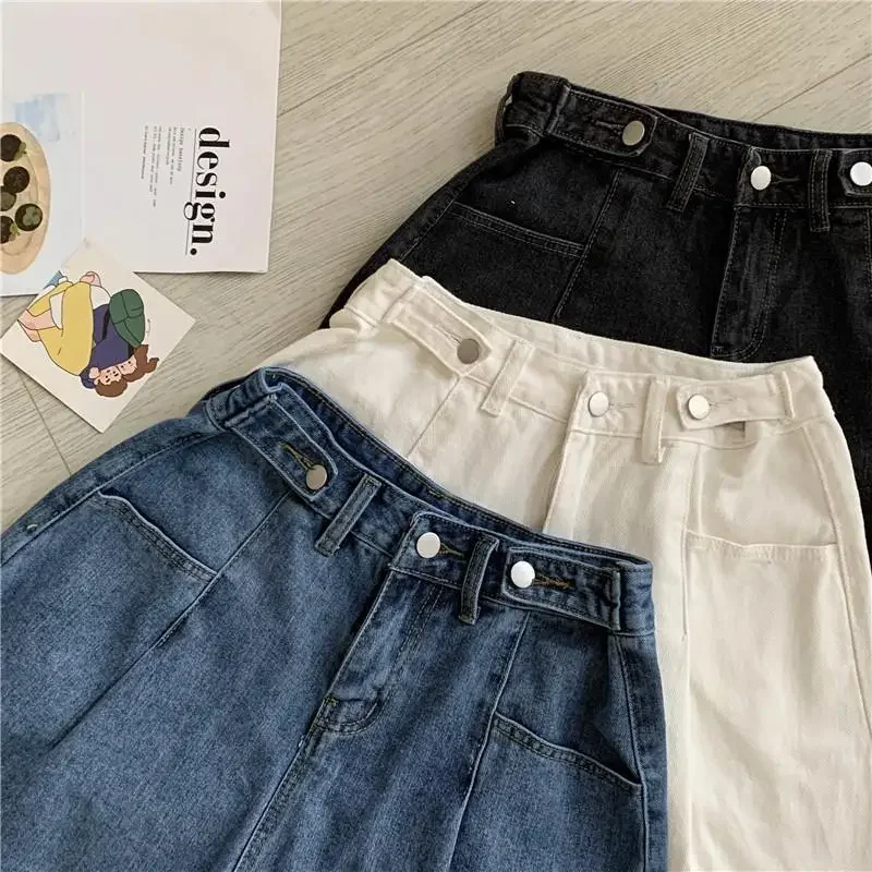 Pantalones cortos de mezclilla para mujer, pantalones holgados de pierna ancha, cintura ajustable imperio de verano, corte en A, con botones, BF, Unisex, combina con todo, Ins Retro simples