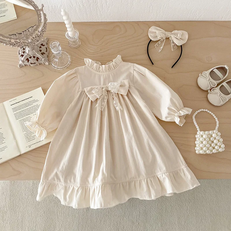 

2025 Autumn New Children's Clothing Girls Princess Dress Sweet Lace Bow Female Treasure Early Spring Long-sleeved Skirt