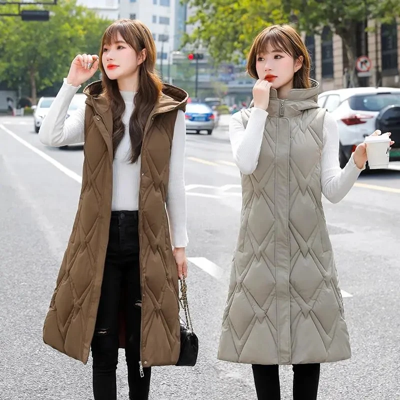 2024 Winter Women's Vest Jacket Lengthened Thick Keep Warm Down Coat Student Lady Solid Color Loose Casual Overcoat Clothing