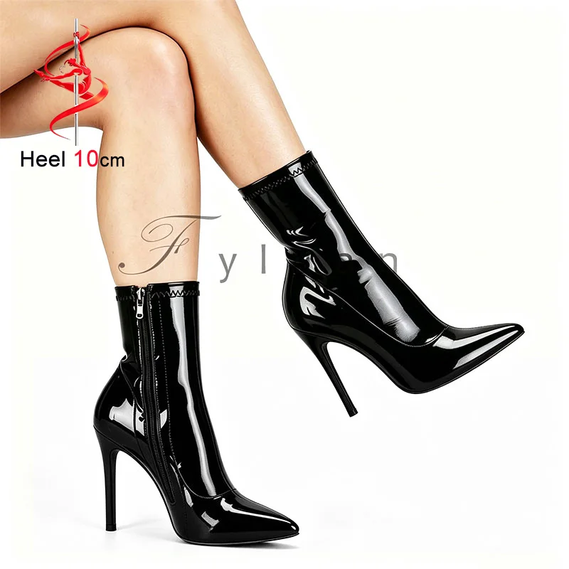 

2026 New Pointy Toe Short Booties For Woman 10CM Stiletto Heels Side Zipper Sexy Patent Leather Stretch Black Shoes Modern Boots