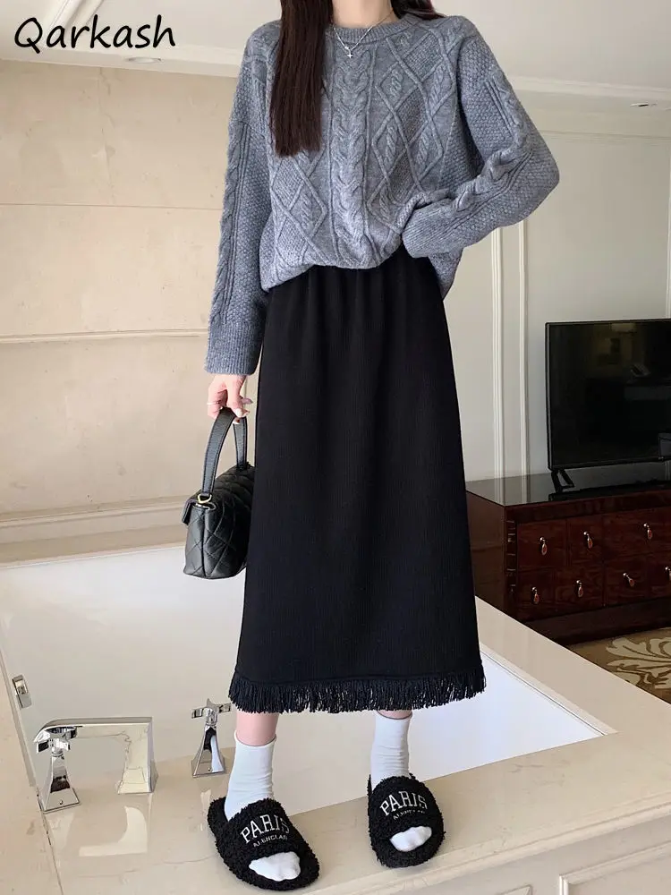 

Tassel Skirts Women Winter Thicken Warm Soft A-line Midi Gentle Solid High Waist Girls Vintage All-match Sweet Students