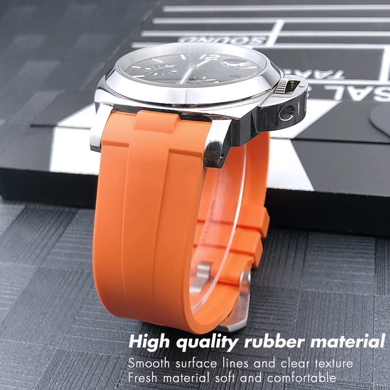 Curved End Rubber Silicone 24mm Watch Band for PANERAI PAM Black Folding Buckle Green Orange Diving Strap Bracelets Free Tools