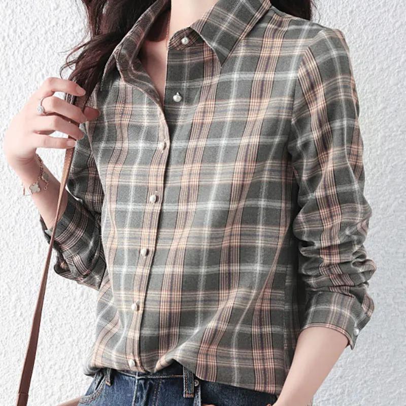 Women\'s Clothing Fashion Plaid Shirt 2023 Spring Autumn Streetwear Long Sleeve Turn-down Collar All-match Loose Casual Blouse