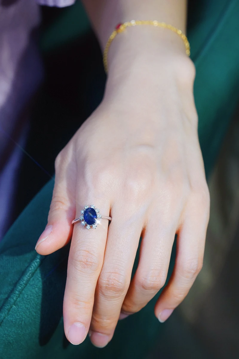 KUGG 100% 18K White Gold Rings Romantic Flower Design Shiny Diamond Natural Sapphire Engagement Ring for Women Anniversary Gift