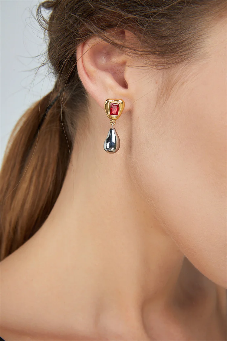 Brass With 18K Red Stone 2 Tone Drop Earrings Women Jewelry Punk Party T Show Gown Runway Trendy  Korean Japan  Style INS
