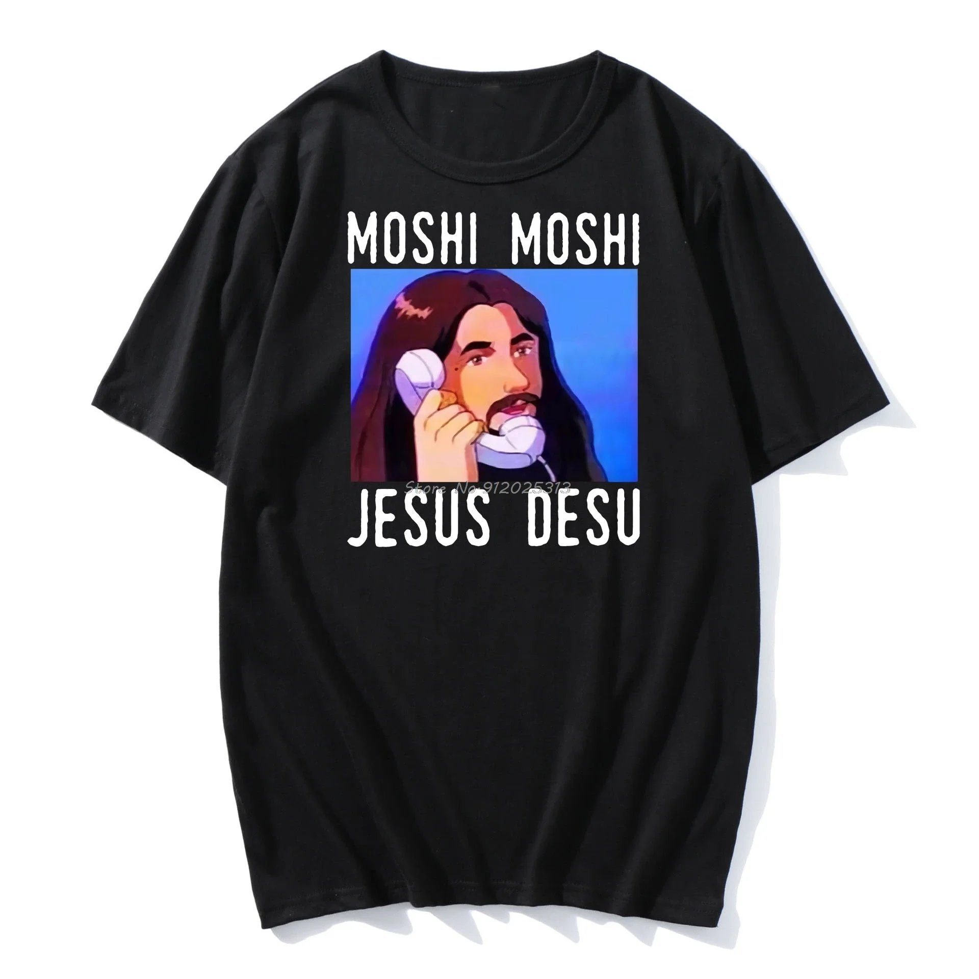 Moshi Moshi Jesus Desu Funny Oversized T-shirt Men T Shirt Black Cotton Men Shirt Fashion T-shirt Men Cotton Harajuku Tshirt