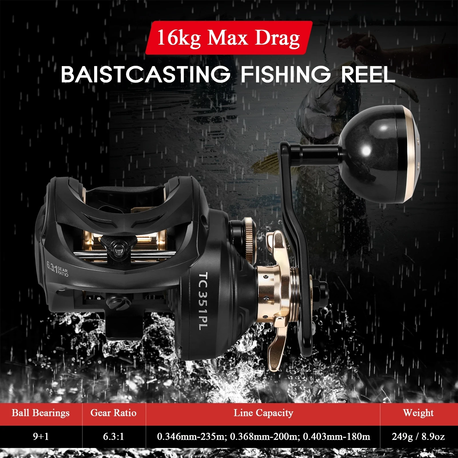Metall-Baitcasting-Rolle mit 16KG Bremskraft, 9+1BB, 6.3:1 Übersetzungsverhältnis, Kohlefaser-Einzelgriff, Baitcaster-Rolle für Meeresangeln – Detail 6