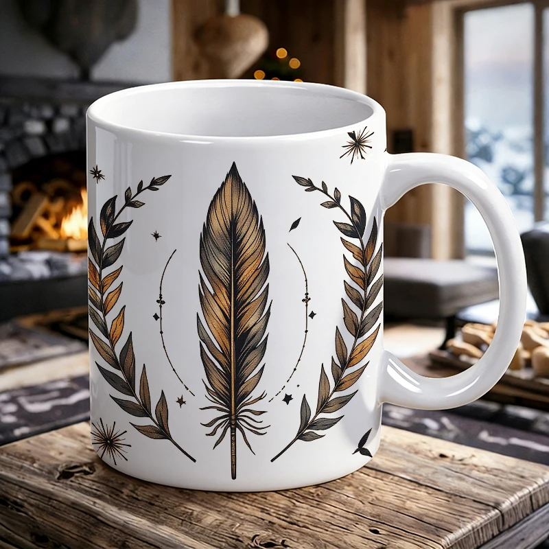 

Labour Day Mug Coffee Cup Ceramic Cup Feathered Wisdom A Vintage-Inspired Print with Ornate Accents