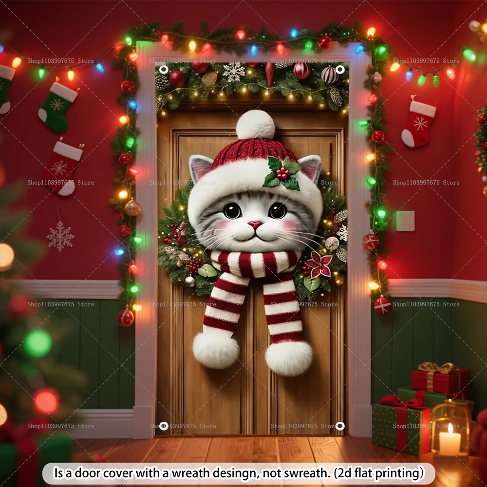 عيد الميلاد القطط لافتات الباب زينة حفلة عيد الميلاد خلفيات للتصوير الفوتوغرافي للداخلية في الهواء الطلق جدار الشرفة خلفية لوازم الحفلات