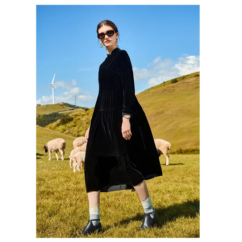 

Silk Velvet Autumn and Winter Women's Dress Chinese Temperament Elegant Soft Comfortable Long Skirt Light Luxury Women's Wear