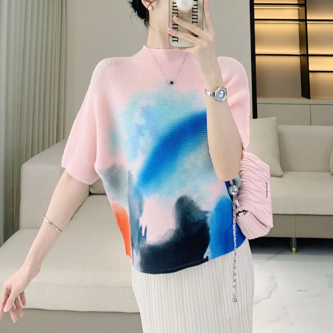 Pleats Pleated T-shirt Senior Small Stand-up Collar Casual Tops Female Thin 2024 Summer New Loose Fashion Short-sleeved T-shirt