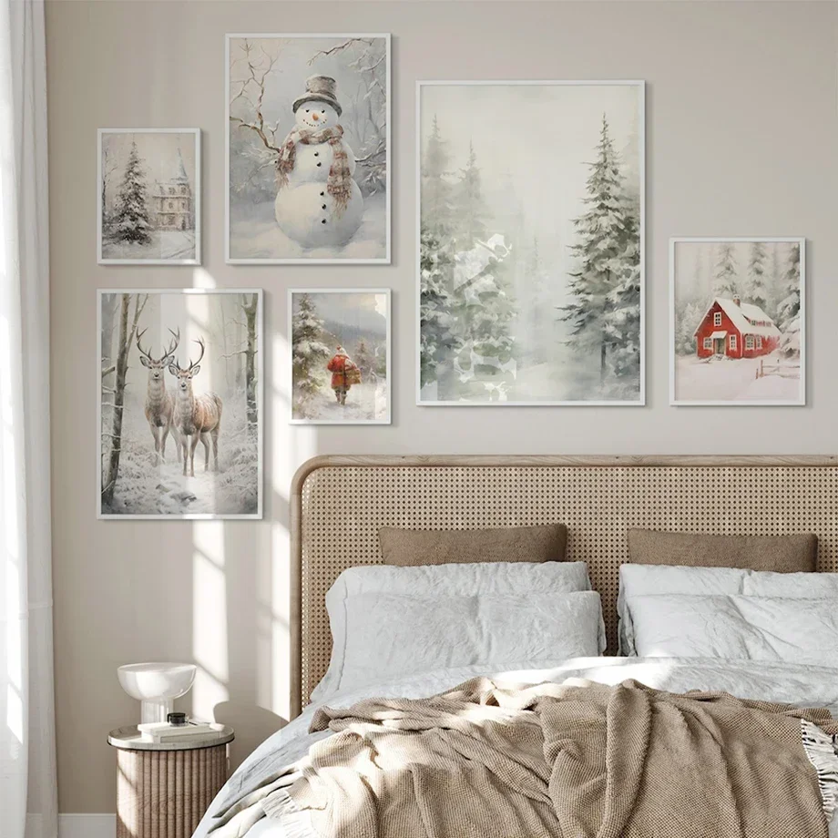Christmas Gift Posters Snowman Cabin Deer Santa Claus Minimalist Wall Art Canvas Painting Posters Prints Home Room Decor