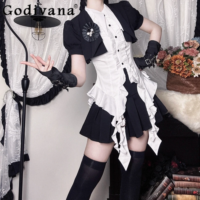 

Women Three Piece Halloween Set Sweet Cool Subculture Cosplay Sets Female Sleeveless Shirts Black Short Shawl High Waist Skirts