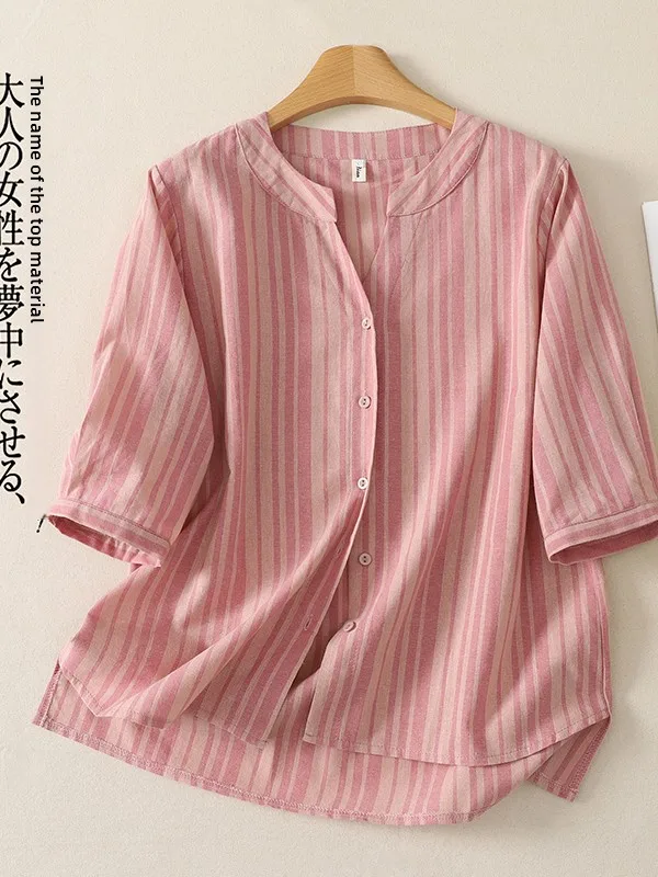 

Casual Stripe Shirt Women's plus Size Summer Korean Japanese High End Design Sensation Artistic Versatile Top Loose Fit Print