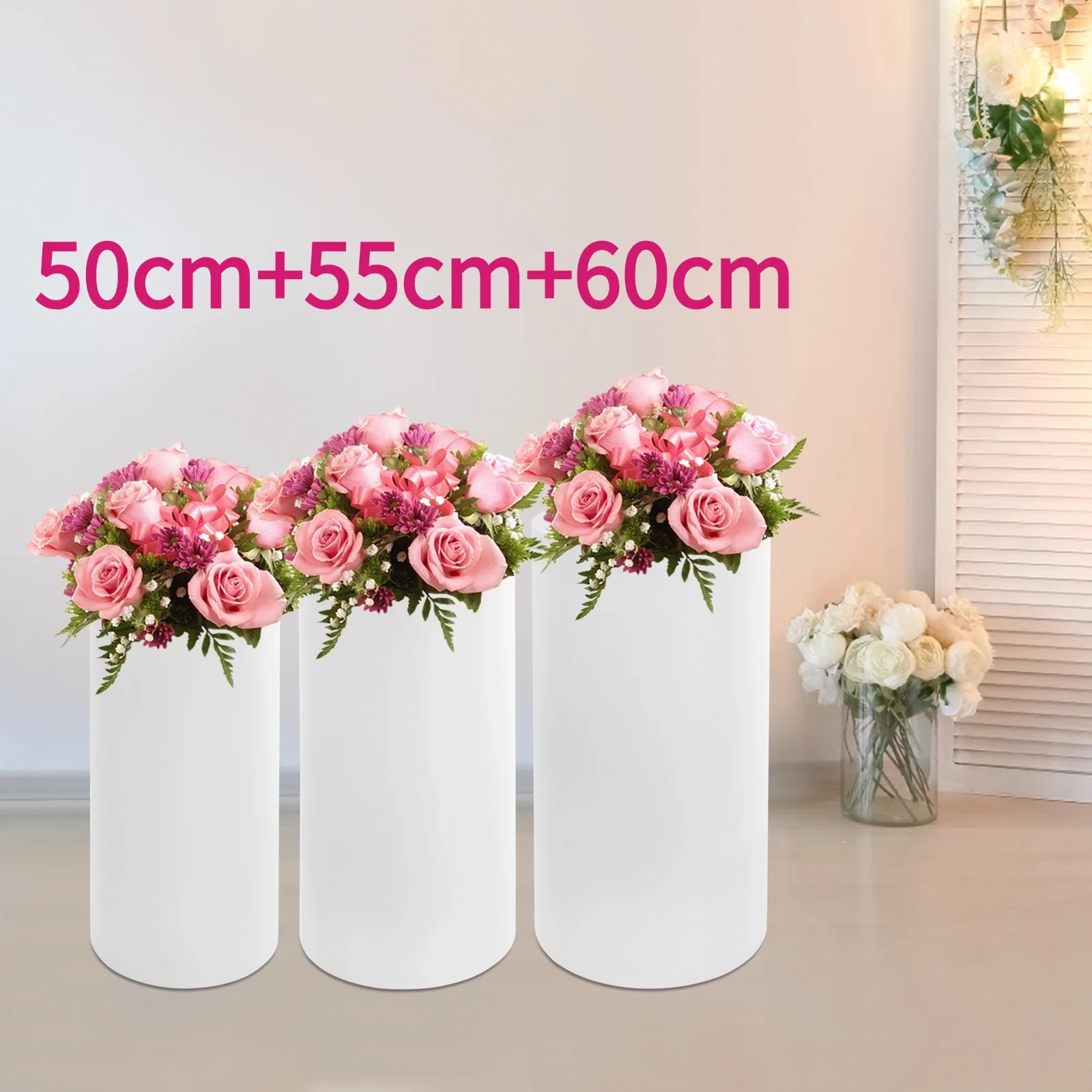 

3-Piece White Cylinder Display Stand Set Cake Stand Pedestal Heavy Duty Party Decor 50+55+60cm for Wedding Dessert Table