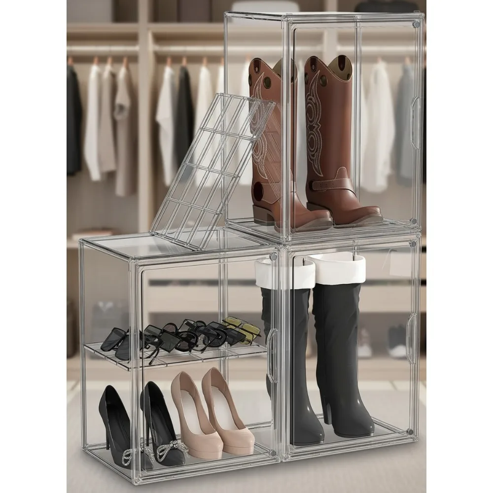 

3-Pack Clear Plastic Boot Storage Box with Dividers, Stackable Acrylic Organizer for Tall Boots and Shoes