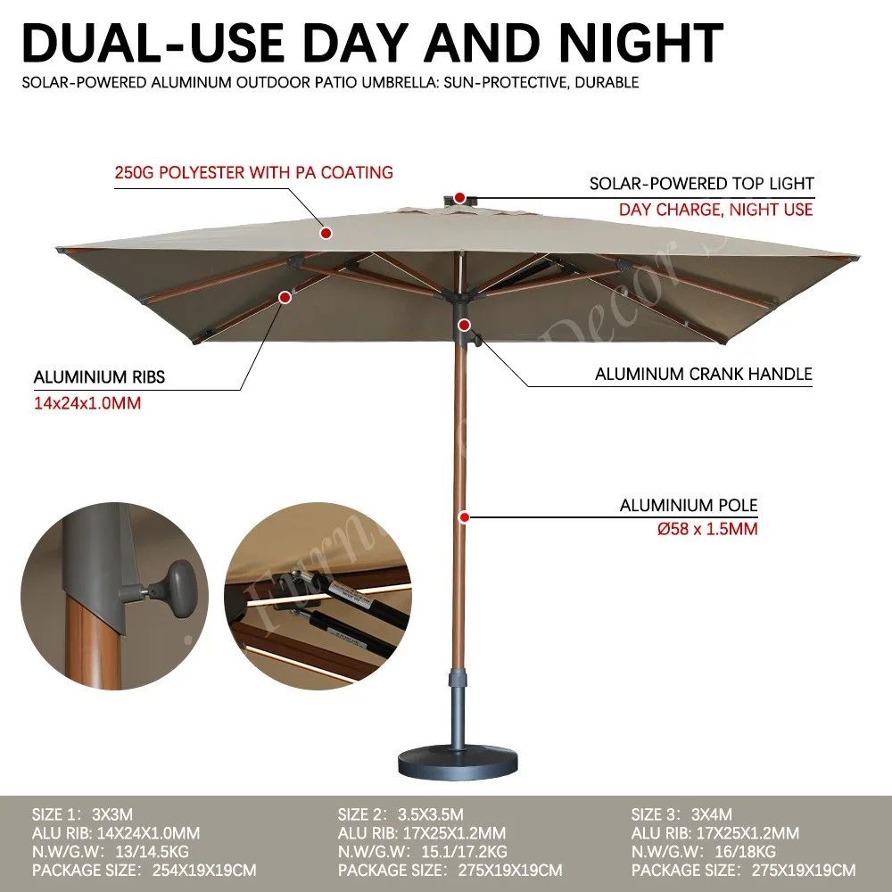 Solar-Powered Stainless Steel Aluminum Patio Umbrella LED Light | UV-Resistant Waterproof Parasol for Outdoor Use Garden Park