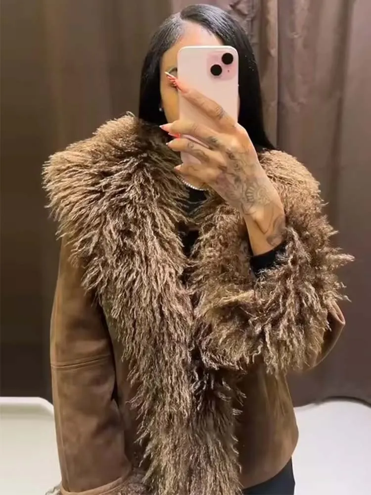 

2025 Winter Casual Lapel Patchwork Fur Jacket Women Single Breasted Pocket Loose Coats Street Fashion Women's New Warm Jackets ﻿