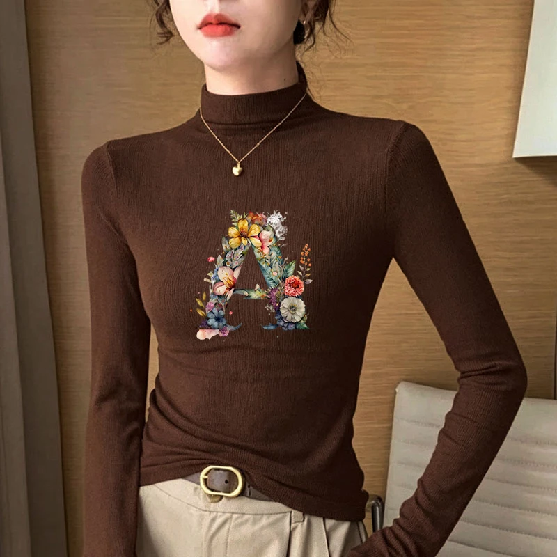 2026 New Autumn Winter Thermal Brushed Fleece Long Sleeve Graphic Print T shirt Blouses Female Warm Shirt Women Top