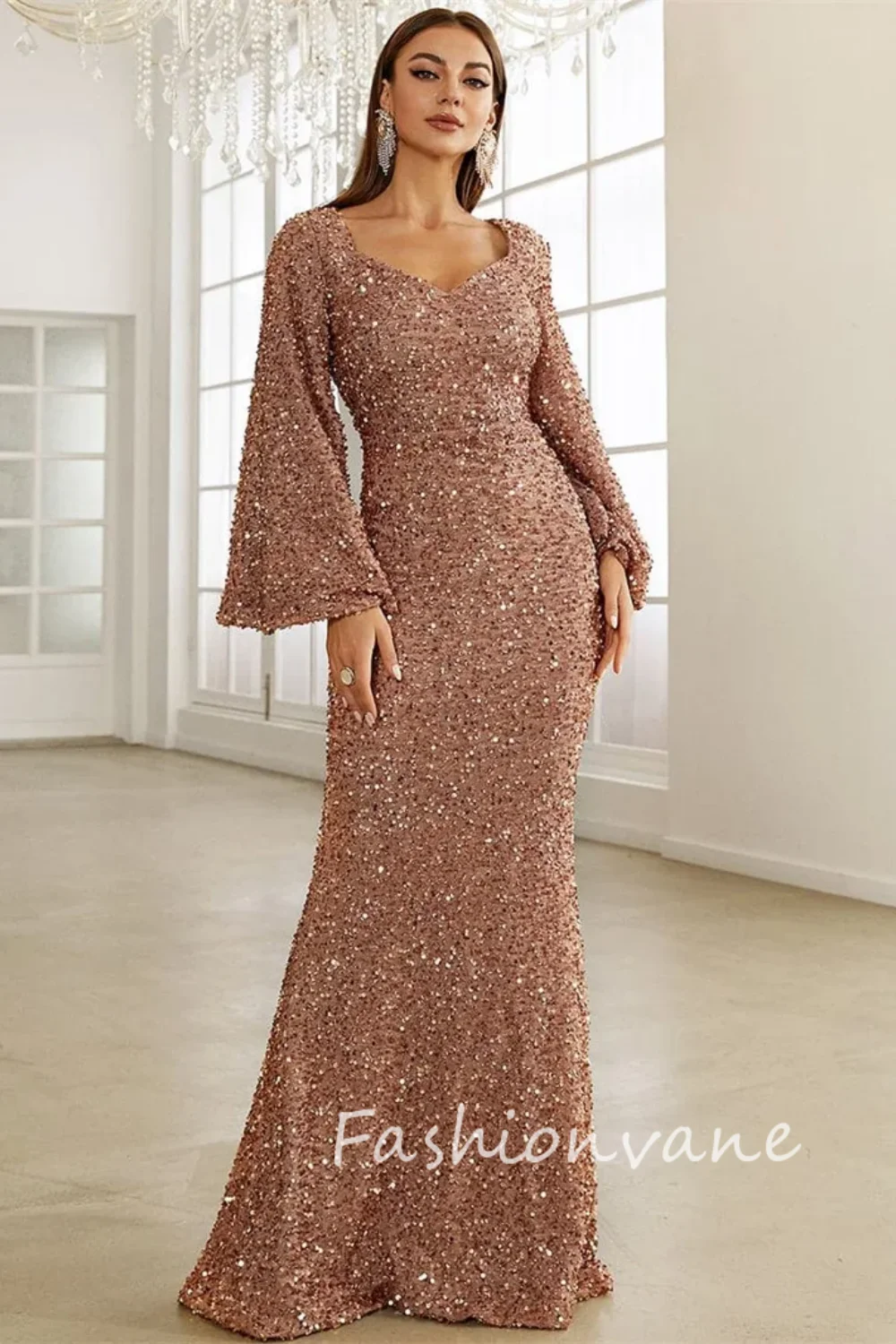 Fashionvane 2024 Customized Mermaid Sweetheart Neck Long Sleeves Fully Sequins Floor Length Saudi Arabia Formal Party Gown