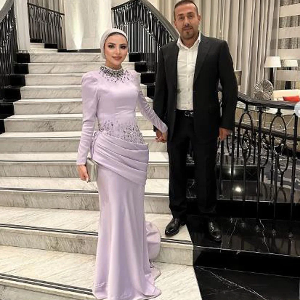 فستان سهرة كريستال Abiye مخصص للنساء مطوي من الساتان حورية البحر الحجاب فستان رسمي من الساتان فستان رسمي للنساء الإسلاميات