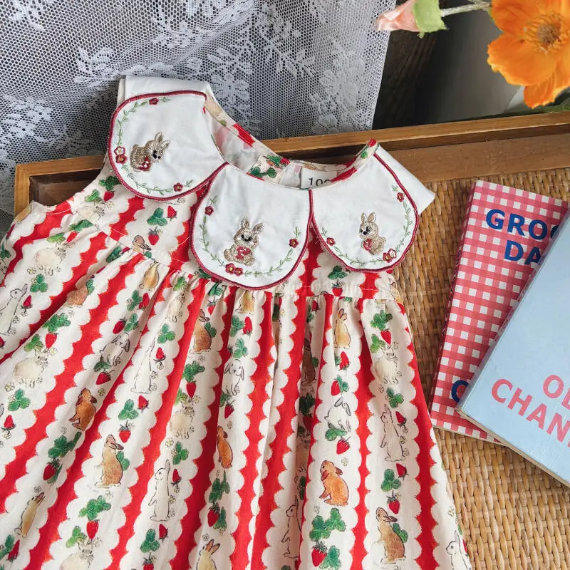 Girl Dress Summer Cartoon Embroidery Sweet Cute Princess Dress Comfortable Ventilate Pure Cotton Embroidery Flower Collar Skirt