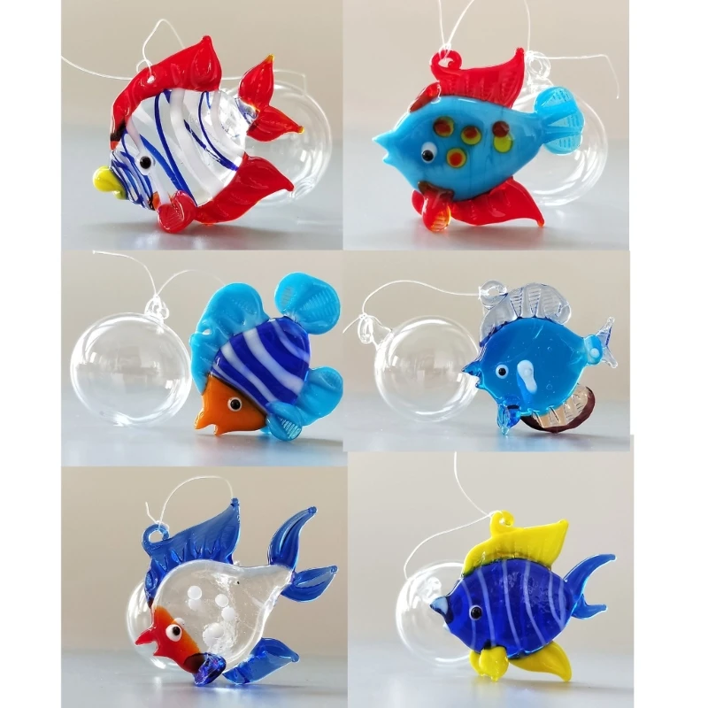 Set 6 artistieke glazen hangende vissen met bubbel, raambedel Aquariumvlotterdecoratie voor thuis en op kantoor