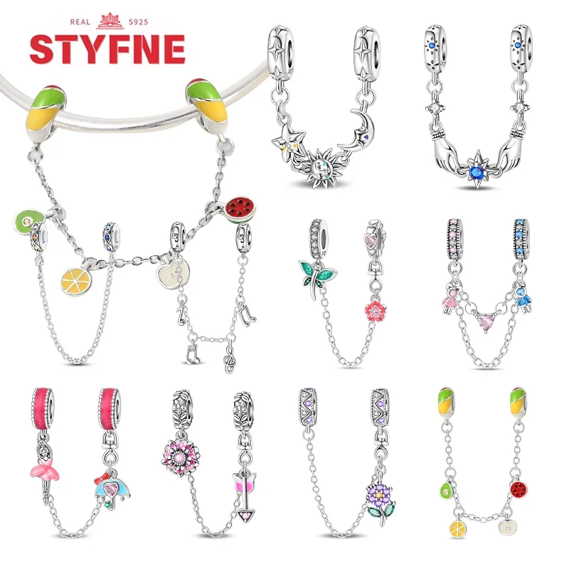 

925 Sterling Silver Sun & Moon Heart Fruit Flower Charms Safety Chains Fit Original Bracelets for Women DIY Fine Jewelry Gifts