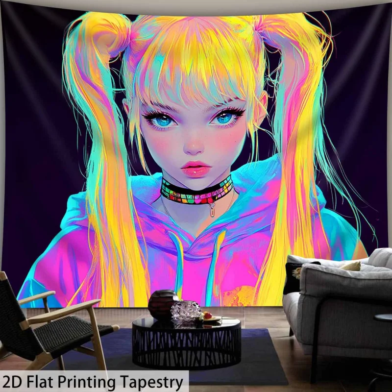 VIKAMA Neon Doppel-Pferdeschwanz Mädchen Trendige Coole Tapisserie Cyberpunk-Stil E-Sport-Raum Tapete Raumdekoration Heimdekoration