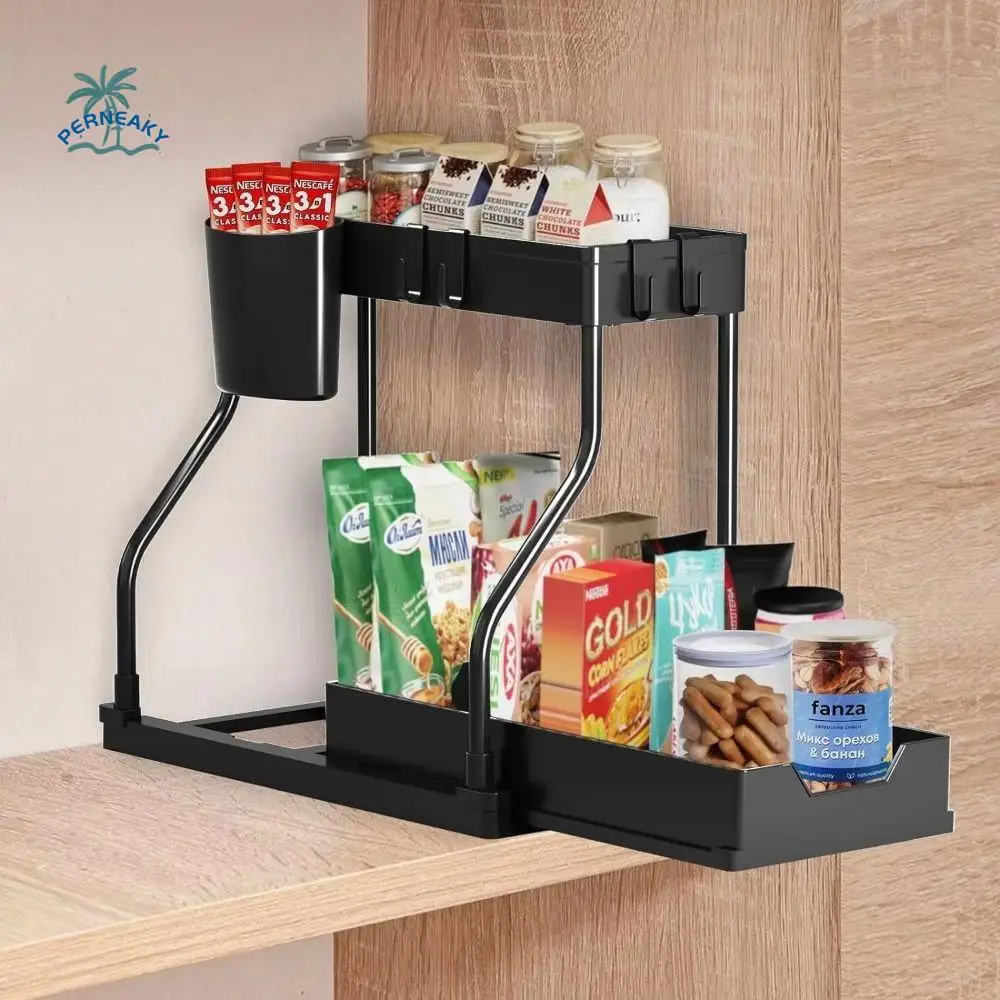 

Convenient 2 Layer Spice Rack Black Pull Out Spice Towel Holder Rustproof Waterproof Spice Condiments Holder Microwave