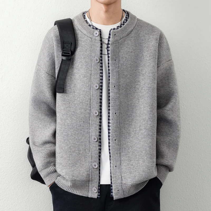 Luxury Fashion fake two-piece knitted cardigan men's winter thick new retro checkered splicing loose casual youth sweater coat